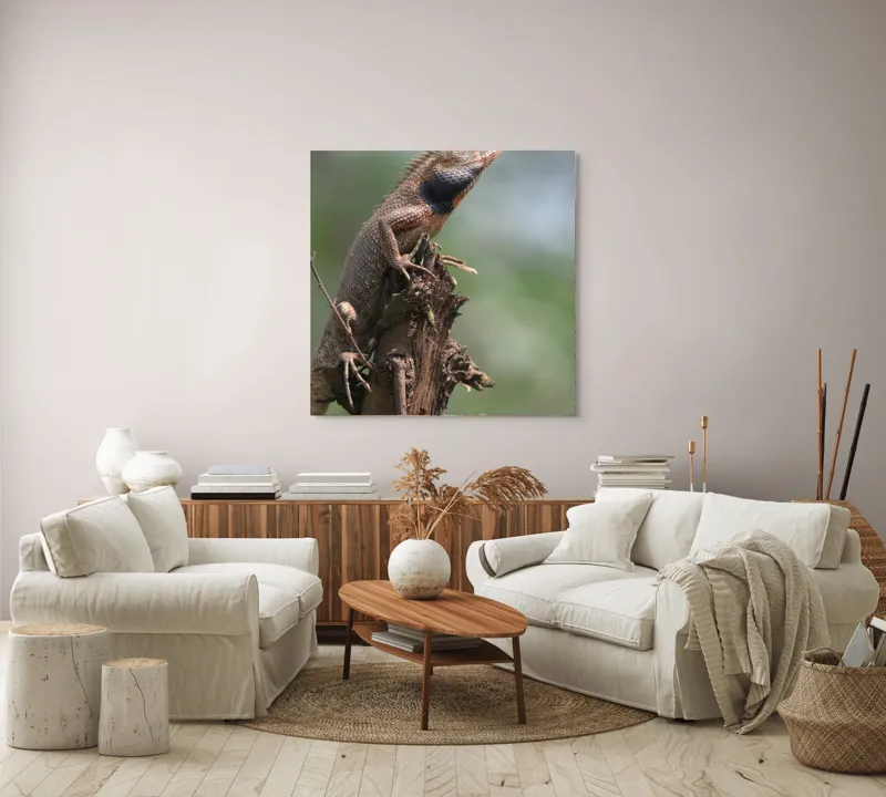 Tablou Canvas, "Șopârlă în așteptarea prăzii", Șopârlă, Creastă, Lemn, Natură, Verdeață, Vigilență, Echilibru, Solitudine, Texturi, Detalii., 100 x 100 cm – poza 3