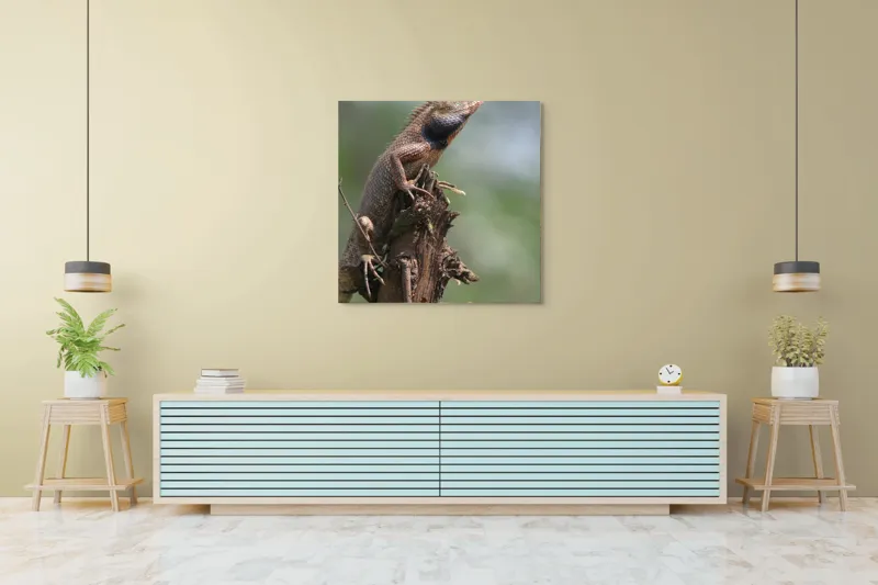 Tablou Canvas, "Șopârlă în așteptarea prăzii", Șopârlă, Creastă, Lemn, Natură, Verdeață, Vigilență, Echilibru, Solitudine, Texturi, Detalii., 100 x 100 cm – poza 5