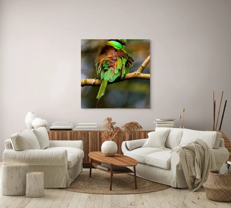 Tablou Canvas, "Splendoarea păsării în pădurea tropicală", Pasăre, Colorată, Vibrantă, Pene, Verde, Ramură, Natură, Elegantă, Exotică, Frumusețe, 100 x 100 cm – poza 3
