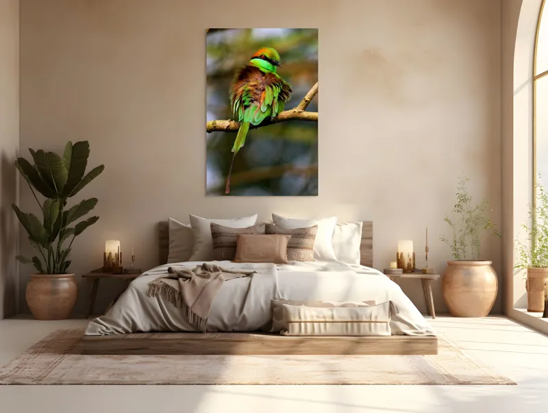 Tablou Canvas, "Splendoarea păsării în pădurea tropicală", Pasăre, Colorată, Vibrantă, Pene, Verde, Ramură, Natură, Elegantă, Exotică, Frumusețe, 100 x 150 cm – poza 3