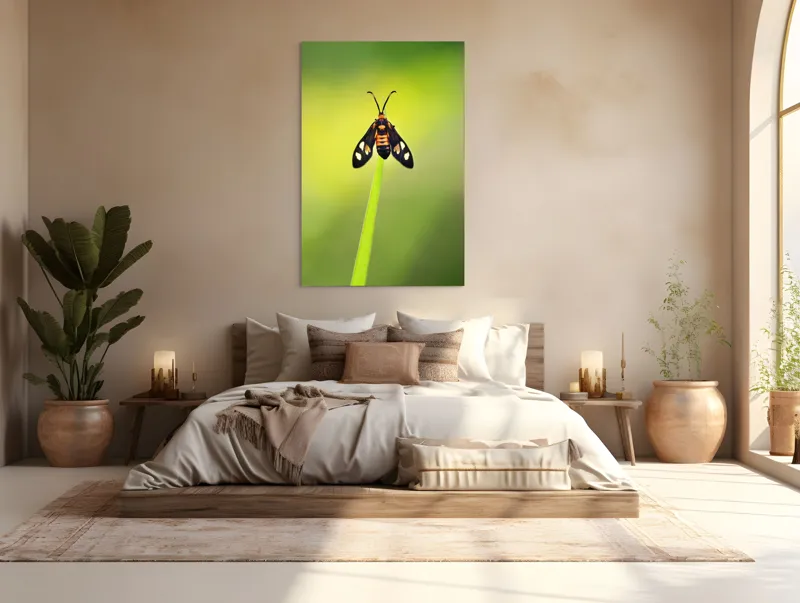 Tablou Canvas, "Fluture așezat pe fir de iarbă", Molie, Culoare, Natura, Fragilitate, Verde, Delicat, Zbor, Contrast, Frumusete, Echilibru, 100 x 150 cm – poza 3