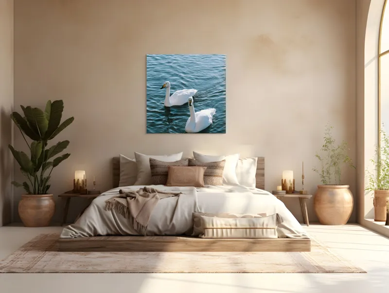 Tablou Canvas, "Două lebede pe lac albastru", Grație, Eleganță, Serenitate, Calm, Natură, Reflecție, Armonie, Albastru, Liniște, Plutire, 100 x 100 cm – poza 4