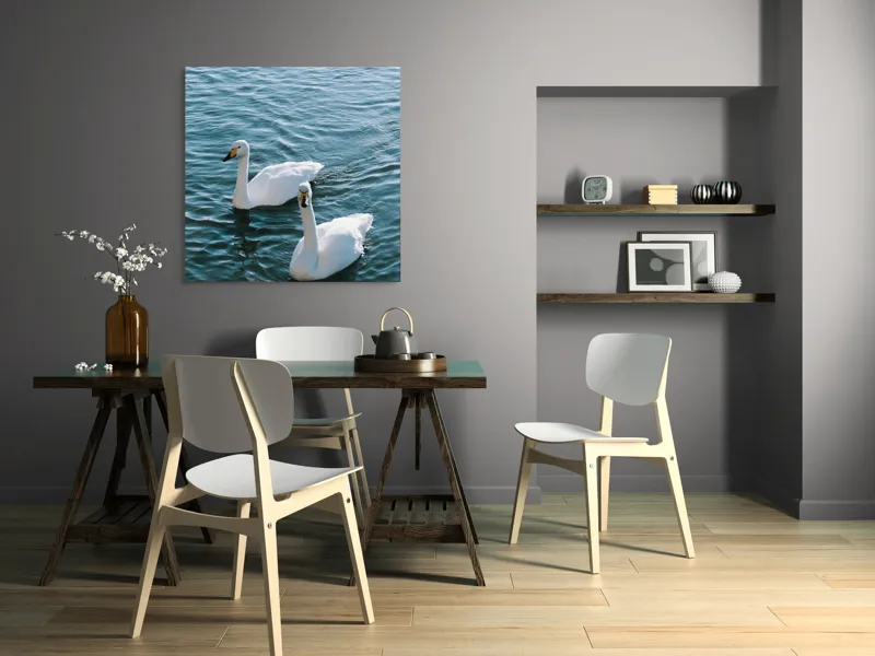 Tablou Canvas, "Două lebede pe lac albastru", Grație, Eleganță, Serenitate, Calm, Natură, Reflecție, Armonie, Albastru, Liniște, Plutire, 100 x 100 cm – poza 6