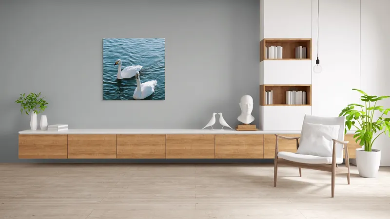 Tablou Canvas, "Două lebede pe lac albastru", Grație, Eleganță, Serenitate, Calm, Natură, Reflecție, Armonie, Albastru, Liniște, Plutire, 100 x 100 cm – poza 8