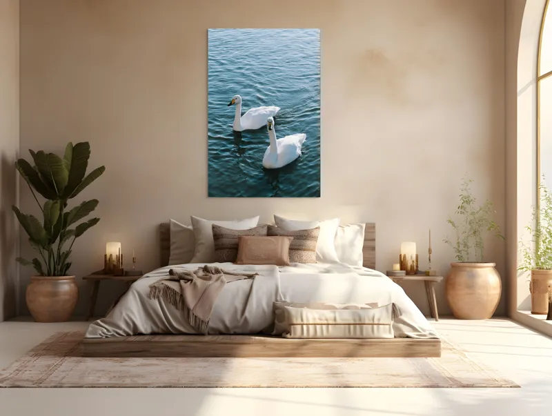 Tablou Canvas, "Două lebede pe lac albastru", Grație, Eleganță, Serenitate, Calm, Natură, Reflecție, Armonie, Albastru, Liniște, Plutire, 100 x 150 cm – poza 3