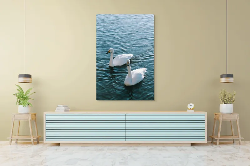 Tablou Canvas, "Două lebede pe lac albastru", Grație, Eleganță, Serenitate, Calm, Natură, Reflecție, Armonie, Albastru, Liniște, Plutire, 100 x 150 cm – poza 4