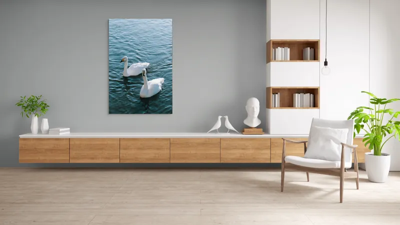 Tablou Canvas, "Două lebede pe lac albastru", Grație, Eleganță, Serenitate, Calm, Natură, Reflecție, Armonie, Albastru, Liniște, Plutire, 100 x 150 cm – poza 8