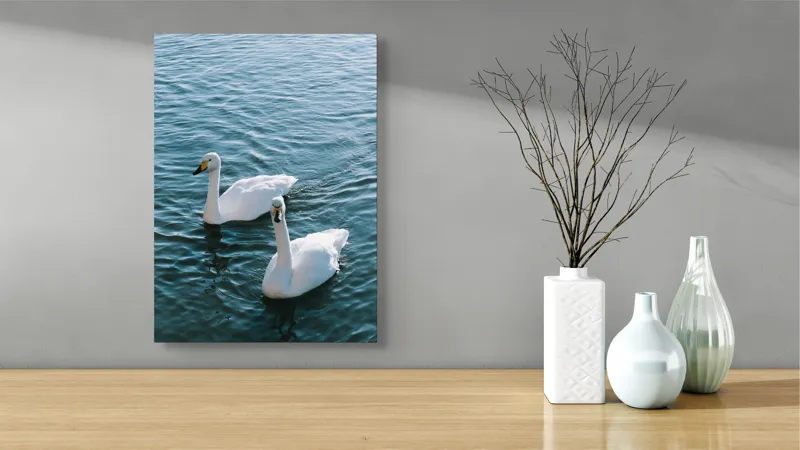 Tablou Canvas, "Două lebede pe lac albastru", Grație, Eleganță, Serenitate, Calm, Natură, Reflecție, Armonie, Albastru, Liniște, Plutire, 39 x 54 cm – poza 4