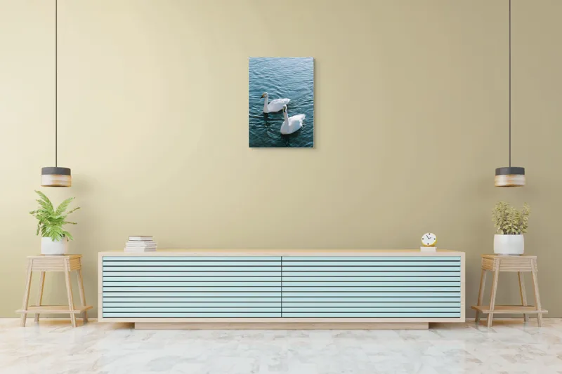 Tablou Canvas, "Două lebede pe lac albastru", Grație, Eleganță, Serenitate, Calm, Natură, Reflecție, Armonie, Albastru, Liniște, Plutire, 50 x 70 cm – poza 6