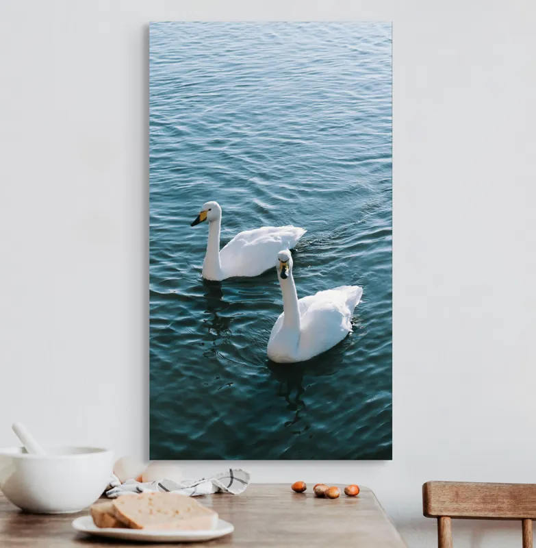 Tablou Canvas, "Două lebede pe lac albastru", Grație, Eleganță, Serenitate, Calm, Natură, Reflecție, Armonie, Albastru, Liniște, Plutire, 50 x 90 cm – poza 3
