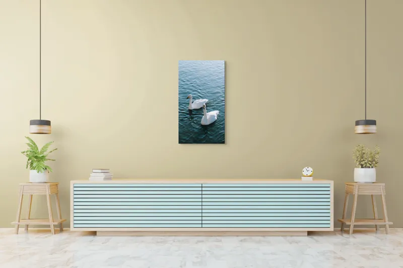 Tablou Canvas, "Două lebede pe lac albastru", Grație, Eleganță, Serenitate, Calm, Natură, Reflecție, Armonie, Albastru, Liniște, Plutire, 50 x 90 cm – poza 6