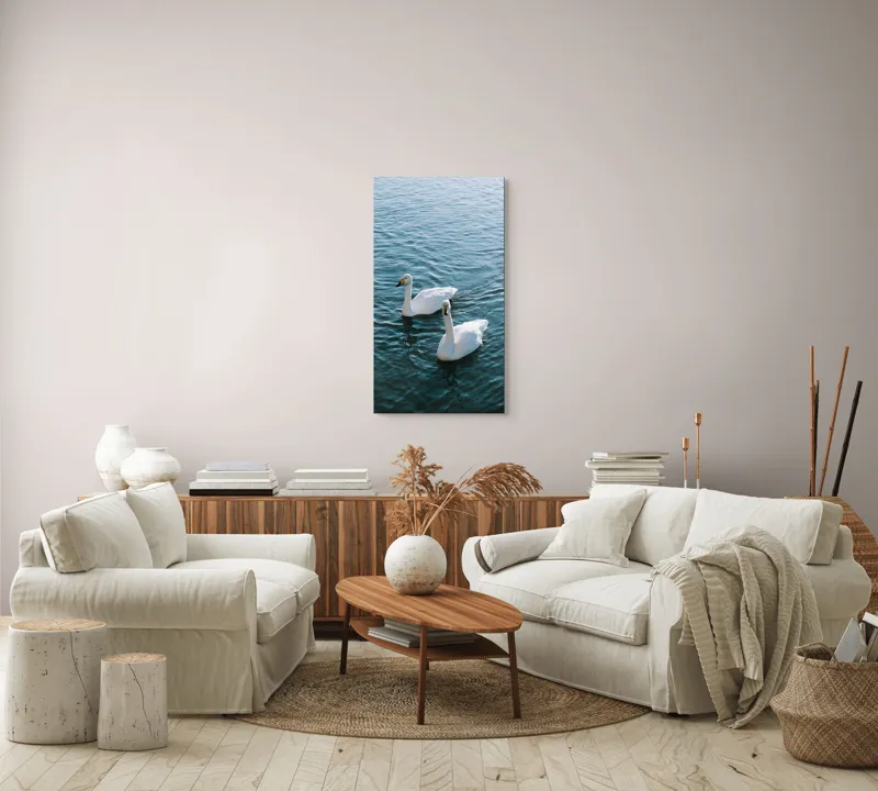 Tablou Canvas, "Două lebede pe lac albastru", Grație, Eleganță, Serenitate, Calm, Natură, Reflecție, Armonie, Albastru, Liniște, Plutire, 50 x 90 cm – poza 7