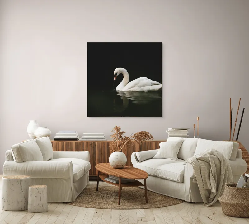 Tablou Canvas, "Lebăda solitară pe lac întunecat", Lebădă, Grație, Reflectare, Apă, Singurătate, Eleganță, Contrast, Liniște, 100 x 100 cm – poza 3