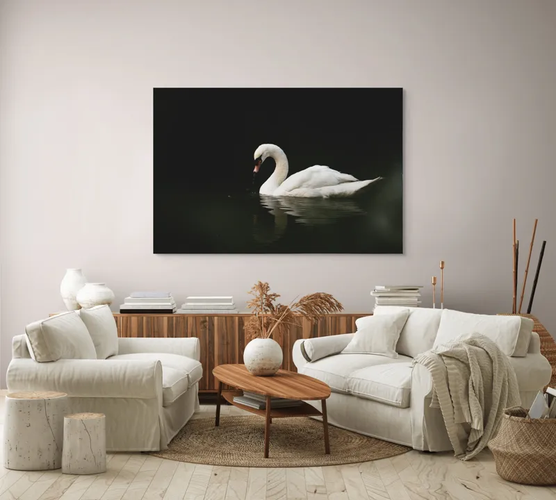 Tablou Canvas, "Lebăda solitară pe lac întunecat", Lebădă, Grație, Reflectare, Apă, Singurătate, Eleganță, Contrast, Liniște, 150 x 100 cm – poza 3
