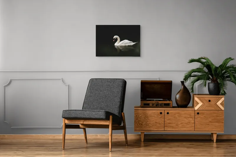 Tablou Canvas, "Lebăda solitară pe lac întunecat", Lebădă, Grație, Reflectare, Apă, Singurătate, Eleganță, Contrast, Liniște, 70 x 50 cm – poza 4