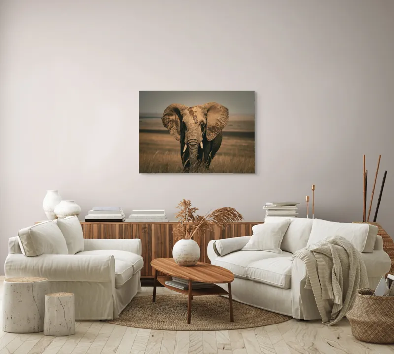 Tablou Canvas, "Elefantul pe câmpiile africane", Elefant, Savana, Urechi, Trompă, Iarbă, 100 x 70 cm – poza 3