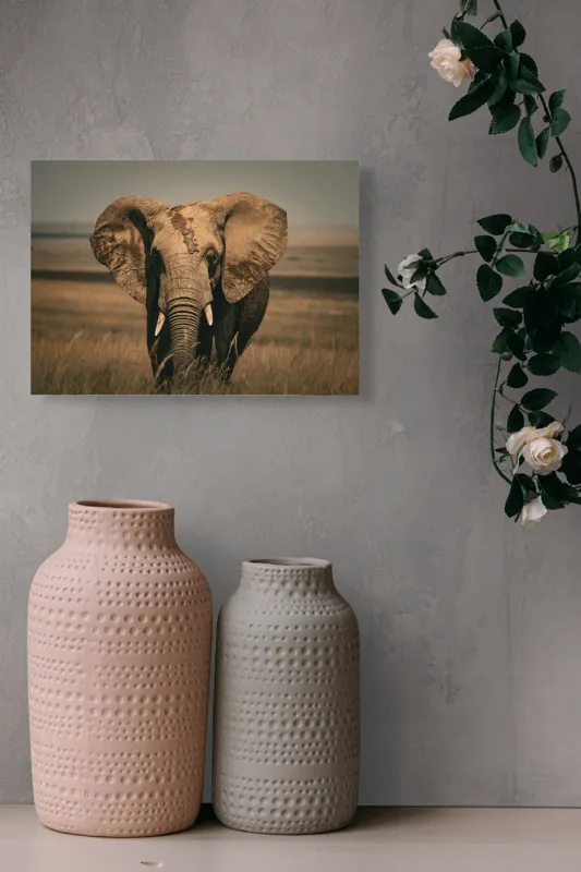 Tablou Canvas, "Elefantul pe câmpiile africane", Elefant, Savana, Urechi, Trompă, Iarbă, 54 x 39 cm – poza 8