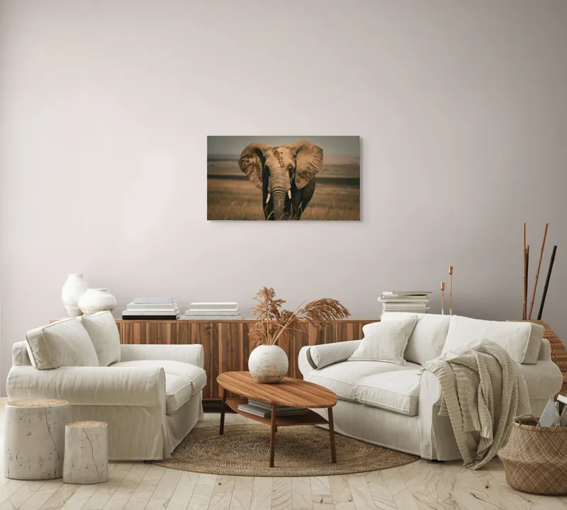 Tablou Canvas, "Elefantul pe câmpiile africane", Elefant, Savana, Urechi, Trompă, Iarbă, 90 x 50 cm – poza 4