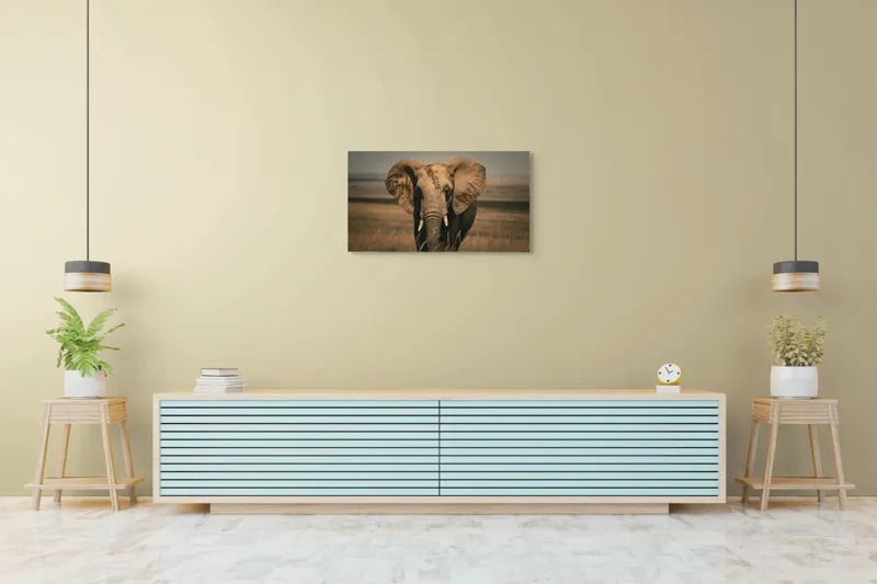 Tablou Canvas, "Elefantul pe câmpiile africane", Elefant, Savana, Urechi, Trompă, Iarbă, 90 x 50 cm – poza 5