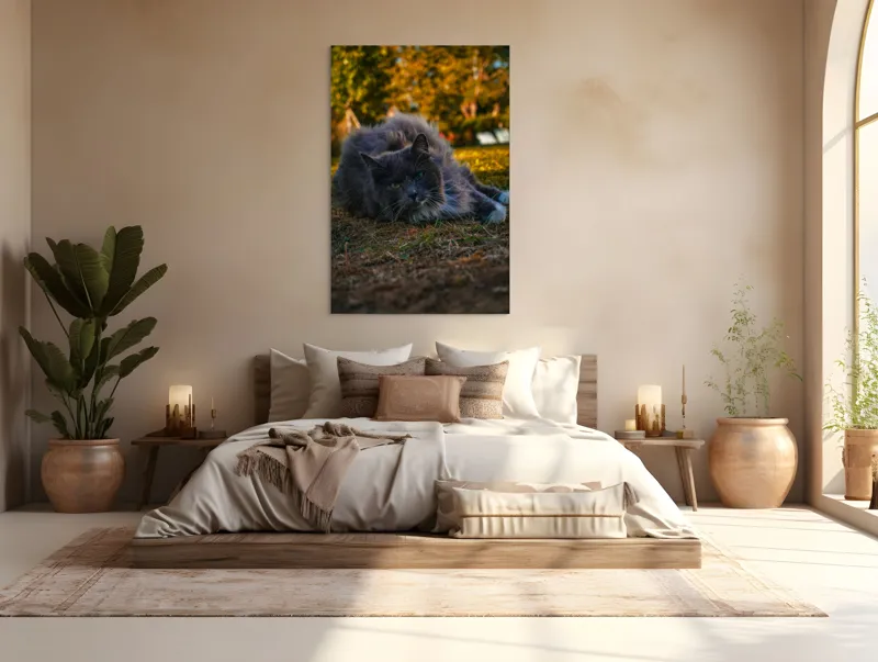 Tablou Canvas, "Pisica odihnindu-se în amurgul toamnei", Blană, Gri, Ochi, Verzi, Natură, Relaxare, Felină, Pădure, Toamnă, Lumină., 100 x 150 cm – poza 3