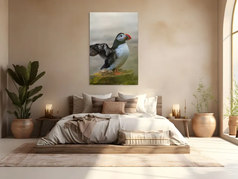 Tablou Canvas, "Puffin mândru pe stâncile mării", Puffin, Coast, Wings, Atlantic, Bird, Nature, Cliff, Ocean, Wildlife, 100 x 150 cm – poza 3