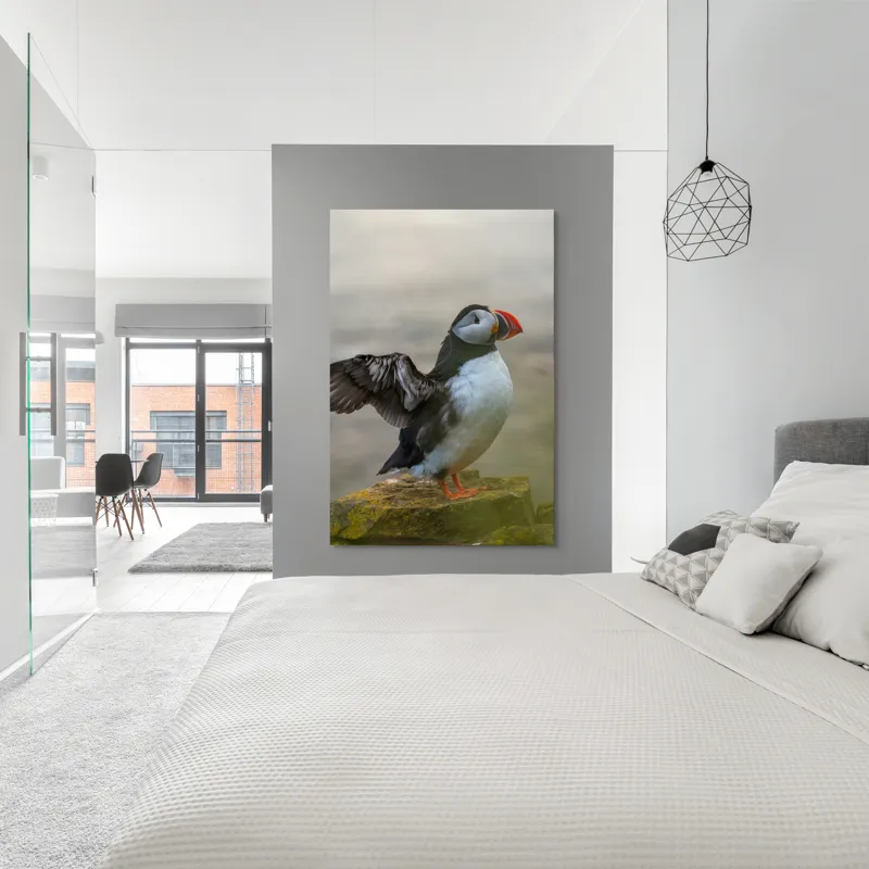 Tablou Canvas, "Puffin mândru pe stâncile mării", Puffin, Coast, Wings, Atlantic, Bird, Nature, Cliff, Ocean, Wildlife, 100 x 150 cm – poza 5