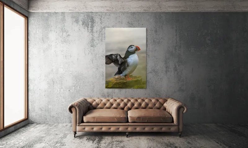 Tablou Canvas, "Puffin mândru pe stâncile mării", Puffin, Coast, Wings, Atlantic, Bird, Nature, Cliff, Ocean, Wildlife, 100 x 150 cm – poza 6