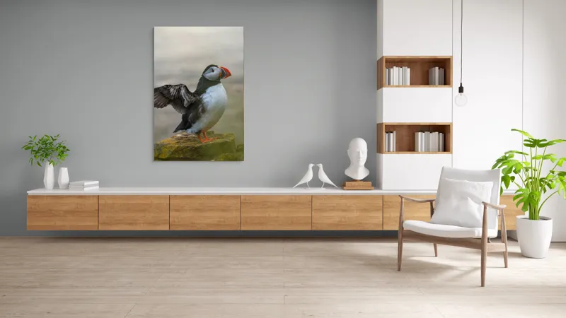 Tablou Canvas, "Puffin mândru pe stâncile mării", Puffin, Coast, Wings, Atlantic, Bird, Nature, Cliff, Ocean, Wildlife, 100 x 150 cm – poza 8