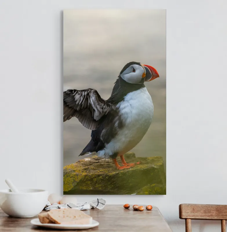 Tablou Canvas, "Puffin mândru pe stâncile mării", Puffin, Coast, Wings, Atlantic, Bird, Nature, Cliff, Ocean, Wildlife, 50 x 90 cm – poza 3