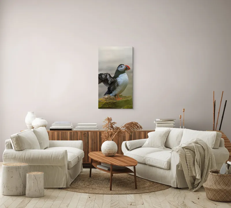 Tablou Canvas, "Puffin mândru pe stâncile mării", Puffin, Coast, Wings, Atlantic, Bird, Nature, Cliff, Ocean, Wildlife, 50 x 90 cm – poza 7