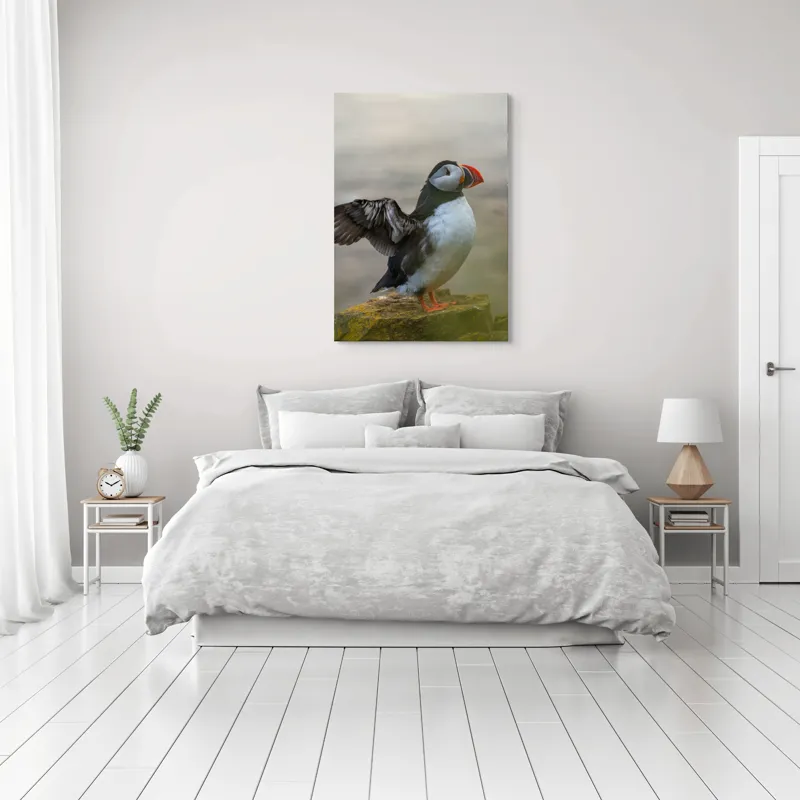 Tablou Canvas, "Puffin mândru pe stâncile mării", Puffin, Coast, Wings, Atlantic, Bird, Nature, Cliff, Ocean, Wildlife, 70 x 100 cm – poza 3