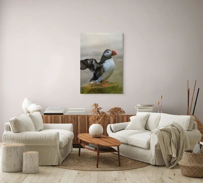 Tablou Canvas, "Puffin mândru pe stâncile mării", Puffin, Coast, Wings, Atlantic, Bird, Nature, Cliff, Ocean, Wildlife, 70 x 100 cm – poza 4