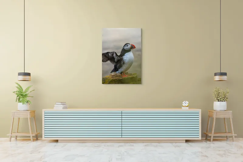 Tablou Canvas, "Puffin mândru pe stâncile mării", Puffin, Coast, Wings, Atlantic, Bird, Nature, Cliff, Ocean, Wildlife, 70 x 100 cm – poza 5