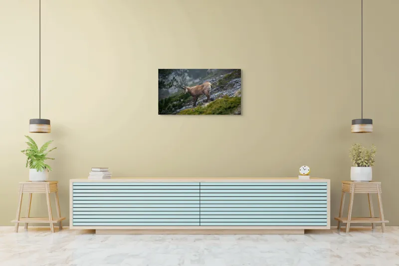 Tablou Canvas, "Capră neagră pe munte în ceață", Capră, Munți, Verdeață, Rocă, Natură, 90 x 50 cm – poza 5