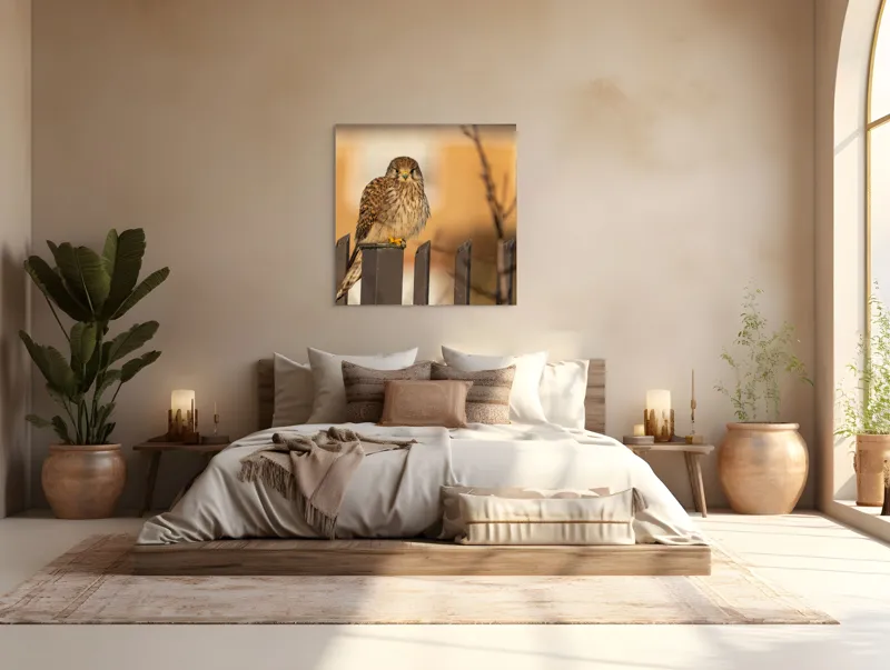 Tablou Canvas, "Ghepardul cerului pe gard metalic", Pene, Privire, Ramura, Soare, Gard, Stalp, Apus, Cladire, 100 x 100 cm – poza 4