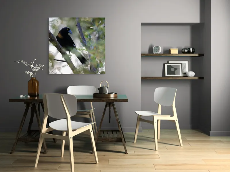 Tablou Canvas, "Pasărea misterioasă pe ramura ascunsă", Negru, Cioc-Albastru, Penaj, Copac, Natură, Privire, Ochi-Galben, Ramură, Frunziș, 100 x 100 cm – poza 6