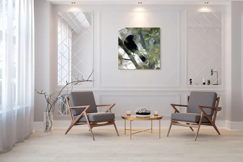 Tablou Canvas, "Pasărea misterioasă pe ramura ascunsă", Negru, Cioc-Albastru, Penaj, Copac, Natură, Privire, Ochi-Galben, Ramură, Frunziș, 100 x 100 cm – poza 7