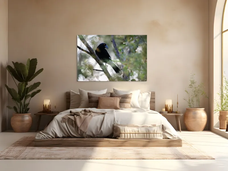 Tablou Canvas, "Pasărea misterioasă pe ramura ascunsă", Negru, Cioc-Albastru, Penaj, Copac, Natură, Privire, Ochi-Galben, Ramură, Frunziș, 150 x 100 cm – poza 4