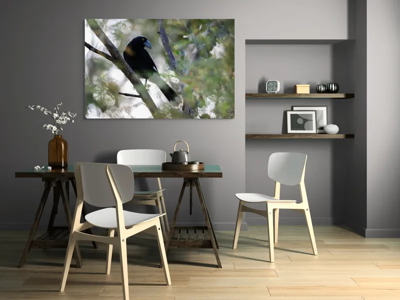 Tablou Canvas, "Pasărea misterioasă pe ramura ascunsă", Negru, Cioc-Albastru, Penaj, Copac, Natură, Privire, Ochi-Galben, Ramură, Frunziș, 150 x 100 cm – poza 5
