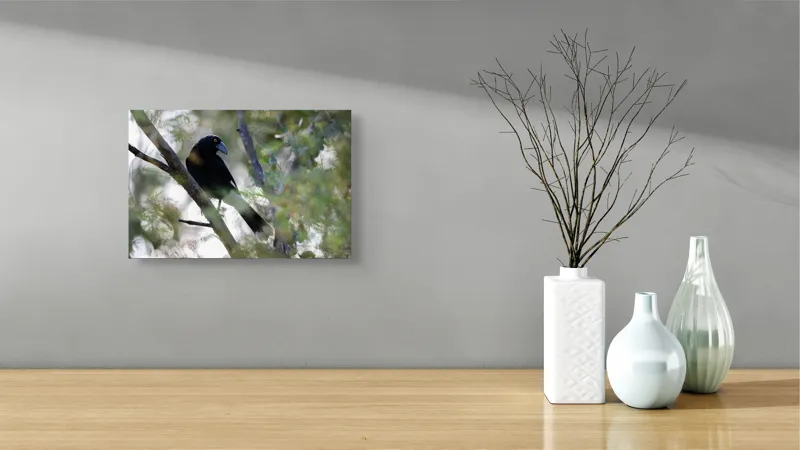 Tablou Canvas, "Pasărea misterioasă pe ramura ascunsă", Negru, Cioc-Albastru, Penaj, Copac, Natură, Privire, Ochi-Galben, Ramură, Frunziș, 39 x 26 cm – poza 8