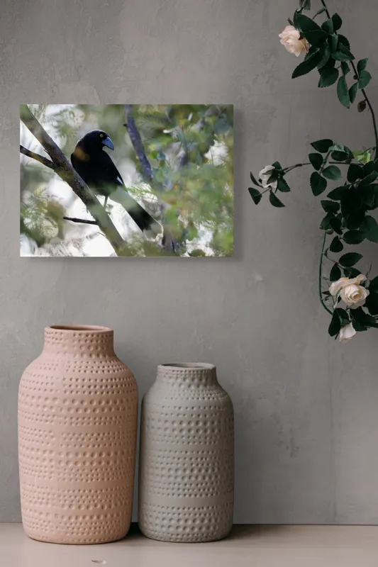 Tablou Canvas, "Pasărea misterioasă pe ramura ascunsă", Negru, Cioc-Albastru, Penaj, Copac, Natură, Privire, Ochi-Galben, Ramură, Frunziș, 54 x 39 cm – poza 8