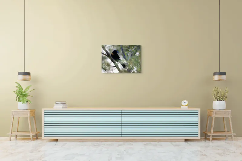 Tablou Canvas, "Pasărea misterioasă pe ramura ascunsă", Negru, Cioc-Albastru, Penaj, Copac, Natură, Privire, Ochi-Galben, Ramură, Frunziș, 70 x 50 cm – poza 7
