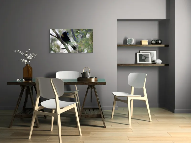 Tablou Canvas, "Pasărea misterioasă pe ramura ascunsă", Negru, Cioc-Albastru, Penaj, Copac, Natură, Privire, Ochi-Galben, Ramură, Frunziș, 90 x 50 cm – poza 3
