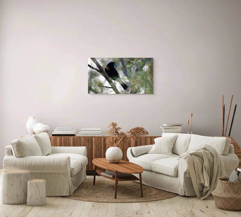 Tablou Canvas, "Pasărea misterioasă pe ramura ascunsă", Negru, Cioc-Albastru, Penaj, Copac, Natură, Privire, Ochi-Galben, Ramură, Frunziș, 90 x 50 cm – poza 4