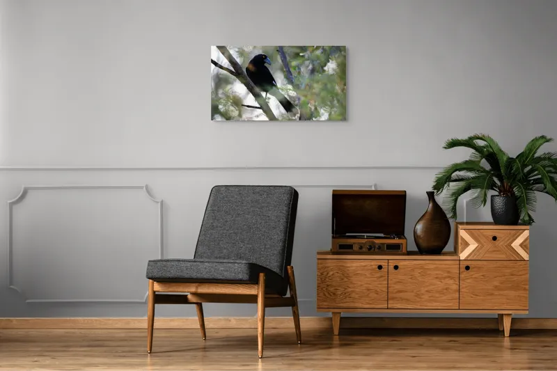 Tablou Canvas, "Pasărea misterioasă pe ramura ascunsă", Negru, Cioc-Albastru, Penaj, Copac, Natură, Privire, Ochi-Galben, Ramură, Frunziș, 90 x 50 cm – poza 6