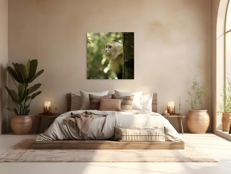 Tablou Canvas, "Maimuța curioasă în pădurea tropicală", Maimuță, Copac, Pădure, Blană, Natură, Verde, Lumină, Privire, Curiozitate, Peisaj, 100 x 100 cm – poza 4