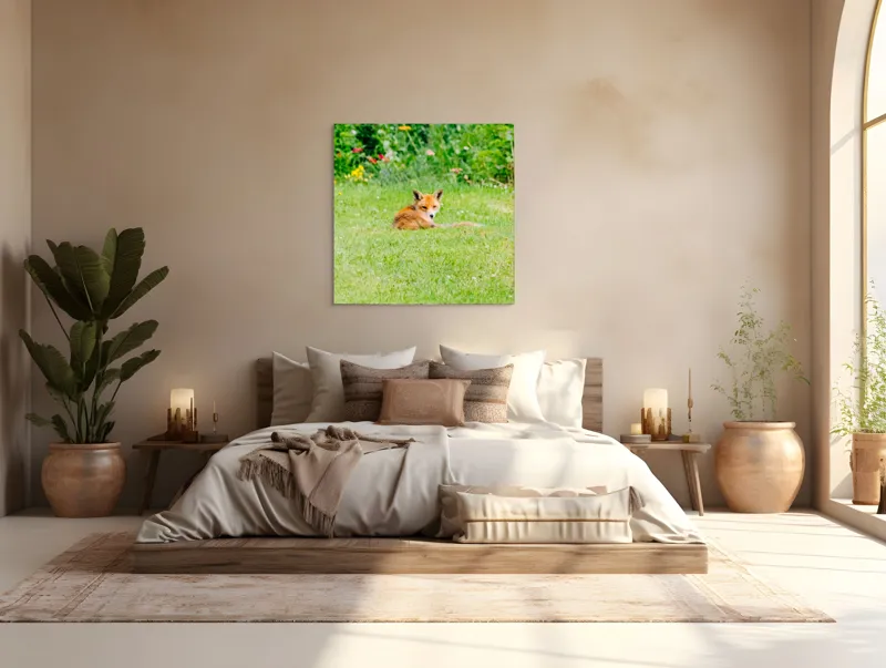 Tablou Canvas, "Vulpea odihnindu-se în grădină verde", Vulpe, Verdeață, Flori, Relaxare, Natură, Culoare, Curiozitate, Privire, Grădină, Peisaj, 100 x 100 cm – poza 4