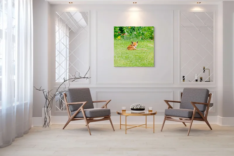 Tablou Canvas, "Vulpea odihnindu-se în grădină verde", Vulpe, Verdeață, Flori, Relaxare, Natură, Culoare, Curiozitate, Privire, Grădină, Peisaj, 100 x 100 cm – poza 7