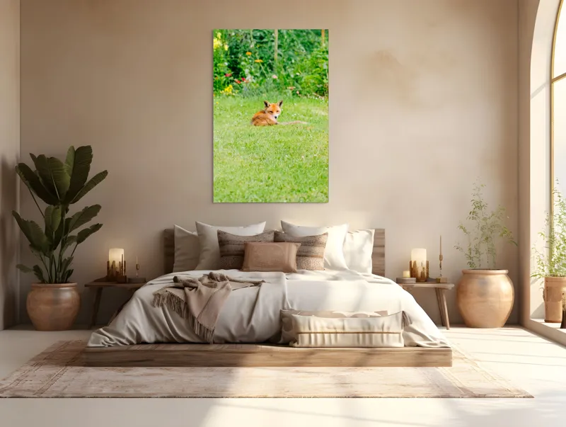 Tablou Canvas, "Vulpea odihnindu-se în grădină verde", Vulpe, Verdeață, Flori, Relaxare, Natură, Culoare, Curiozitate, Privire, Grădină, Peisaj, 100 x 150 cm – poza 3