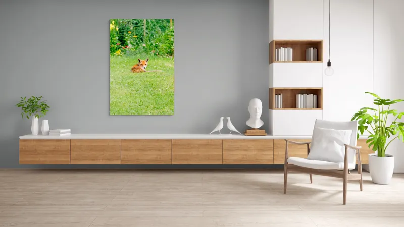 Tablou Canvas, "Vulpea odihnindu-se în grădină verde", Vulpe, Verdeață, Flori, Relaxare, Natură, Culoare, Curiozitate, Privire, Grădină, Peisaj, 100 x 150 cm – poza 8